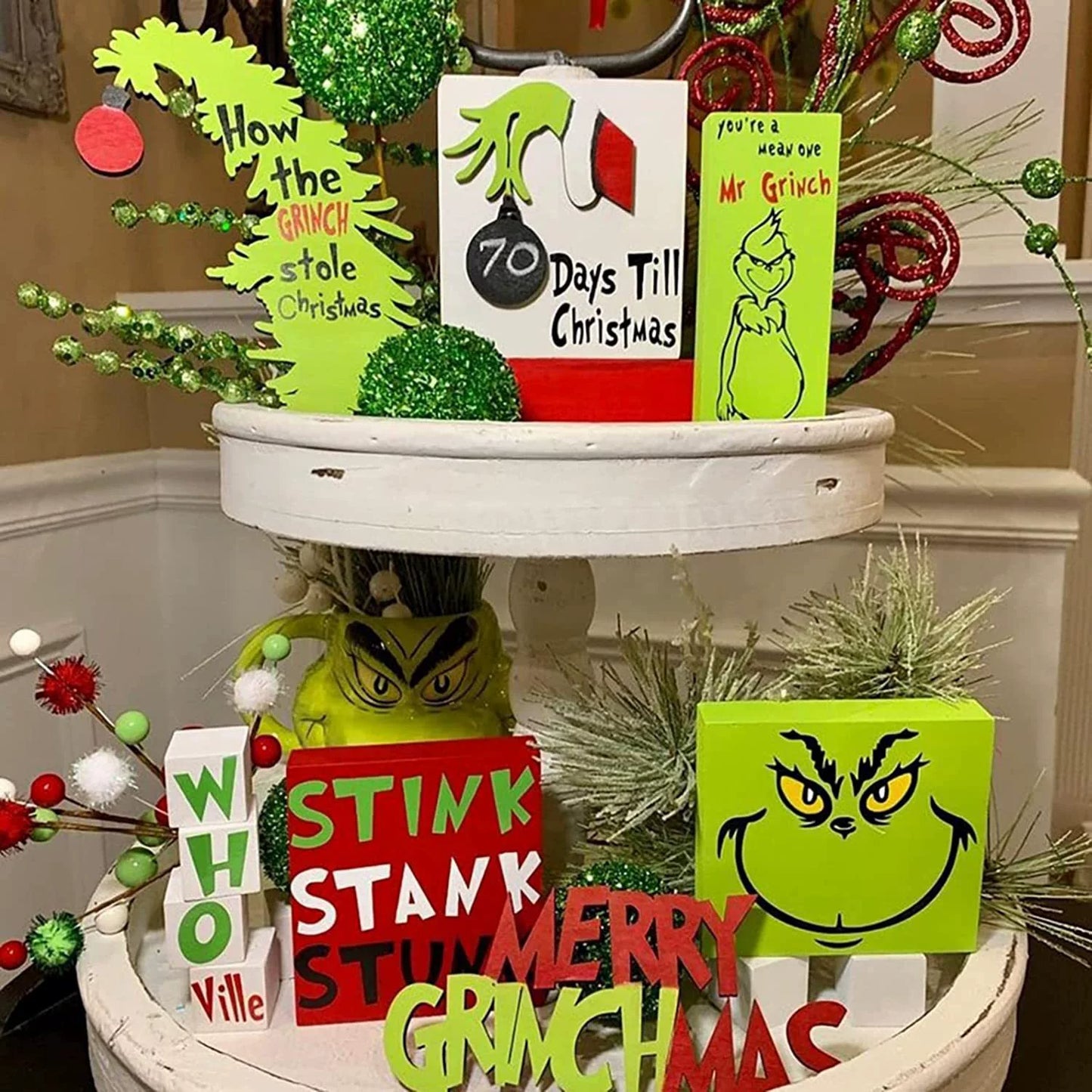 Green Christmas Plush Tiered Tray Decor - 6 Items