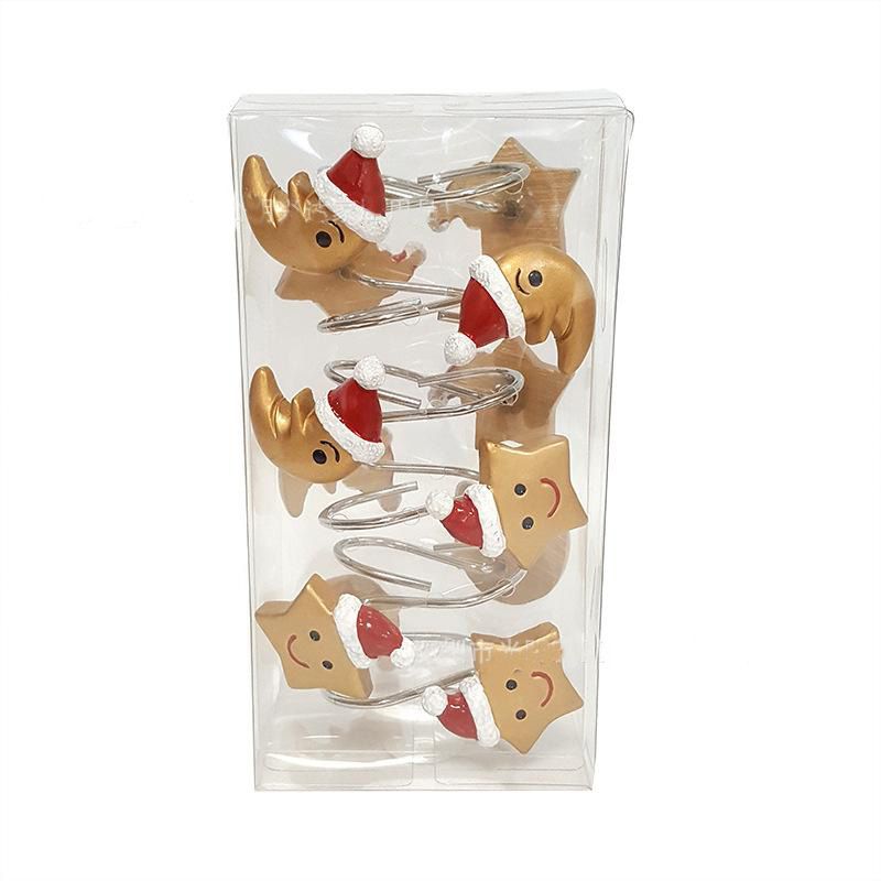 12Pcs Christmas Santa Hat with Golden Star and Moon Shower Curtain Hooks Rings