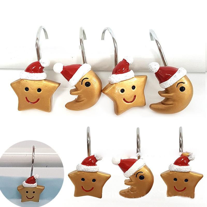 12Pcs Christmas Santa Hat with Golden Star and Moon Shower Curtain Hooks Rings