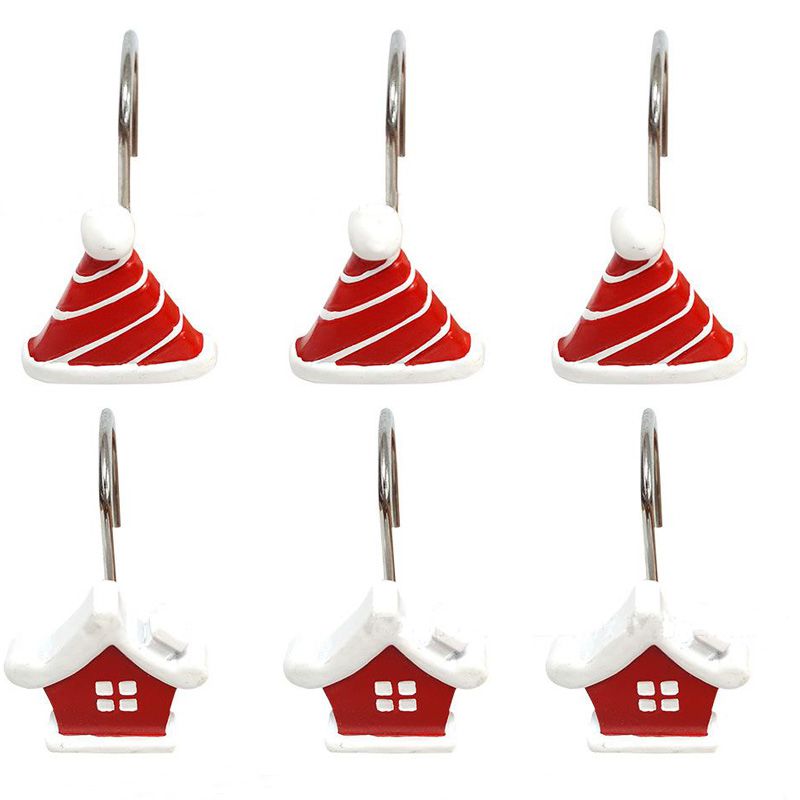 12Pcs Red Christmas Ornament Shower Curtain Hooks Santa Hat with Cabin Holiday Style