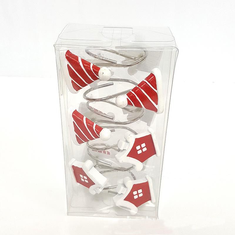 12Pcs Red Christmas Ornament Shower Curtain Hooks Santa Hat with Cabin Holiday Style