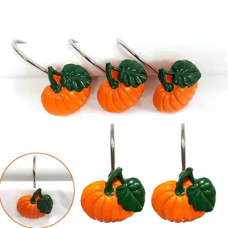 12Pcs Thanksgiving Harvest Vegetables Orange Pumpkin Shower Curtain Hooks Rings
