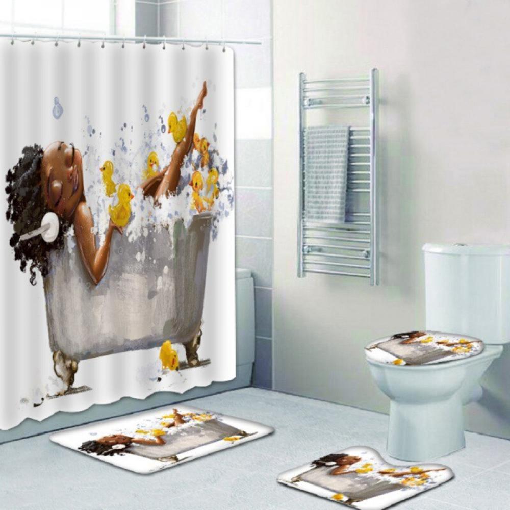 Young Afro Girl Bathing with Rubber Duck Shower Curtain - 4 Pcs Set