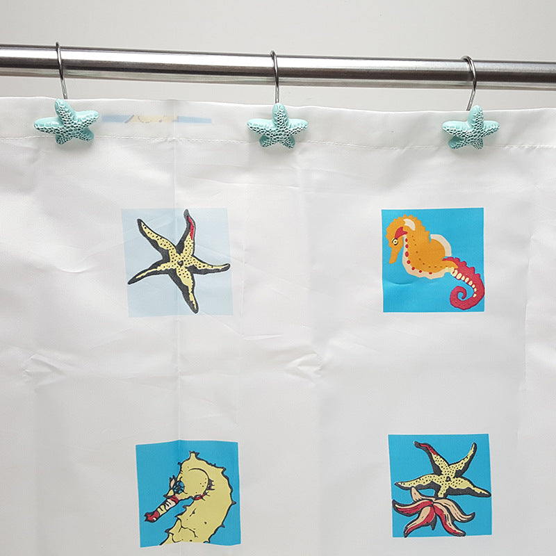 12Pcs Nautical Sea Creatures Teal Starfish Shower Curtain Hooks Rings