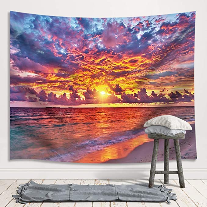 Beach Sunset Tapestry Beautiful Fire Clouds Ocean Wave Wall