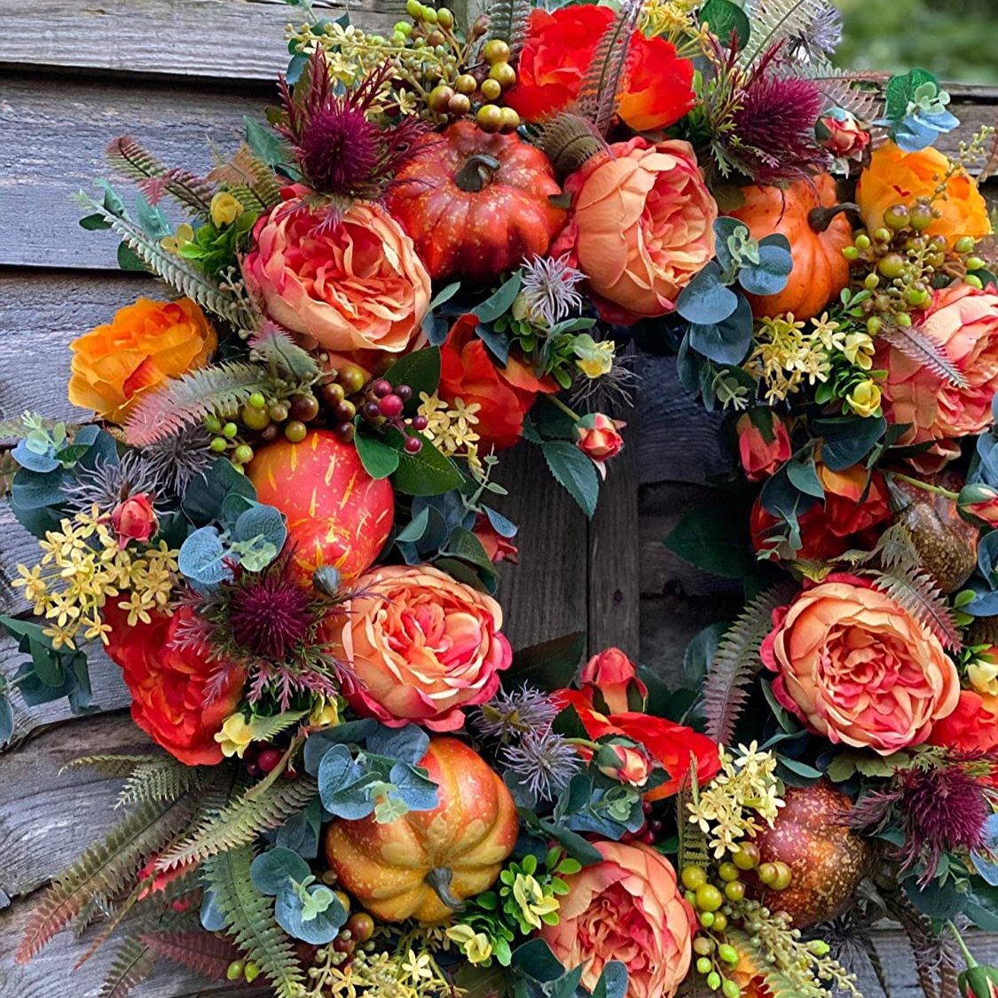 Fall Season Peony with Pumpkin Floral Wreath