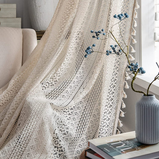 2 Panels Boho Crochet Curtains Windows Semi Sheer with Tassel