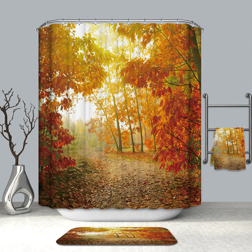 Autumn Season Golden Ground Avenue Park with Sunshine Falling Maple Leaf Shower Curtain
