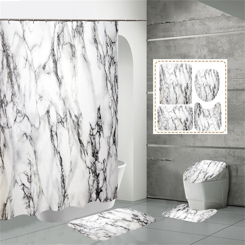 Cracked Lines Black and White Marble Shower Curtain Set - 4 Pcs