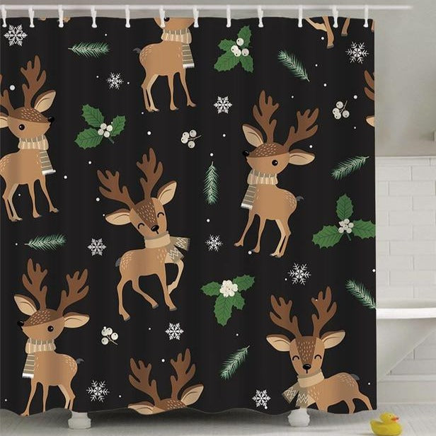 Happy Reindeer with Forest Leaves Cartoon Christmas Shower Curtain