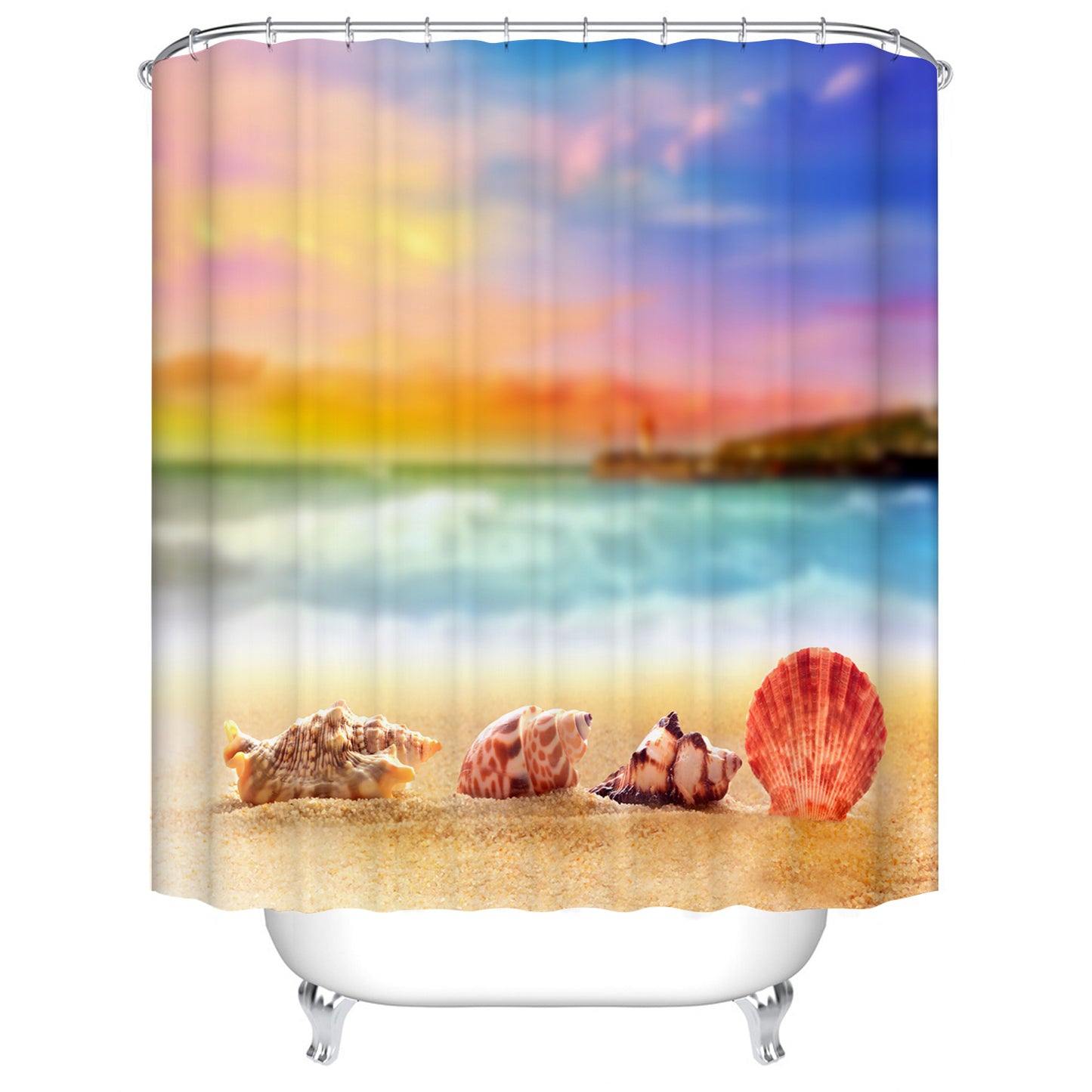 Beautiful Seashell with Conch at Sandy Beach with Sunset View Shower Curtain