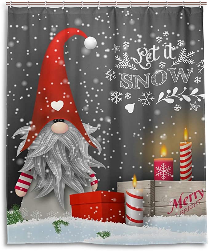 Black Backdrop Snowy Design with Xmas Gift Red Gnome Shower Curtain
