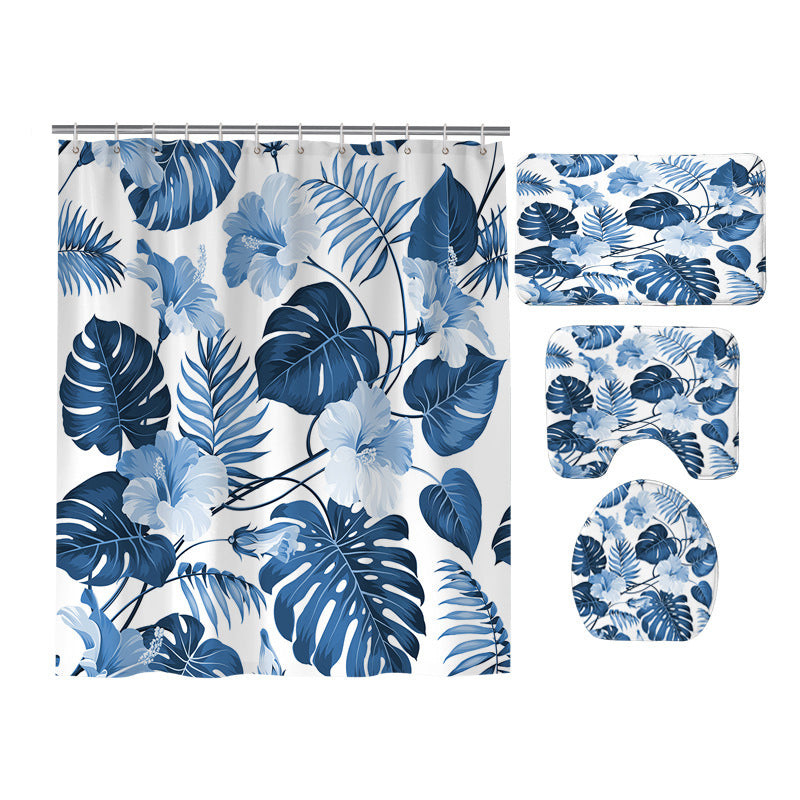 Watercolor Blue Banana Leaf Monstera Shower Curtain Set - 4 Pcs