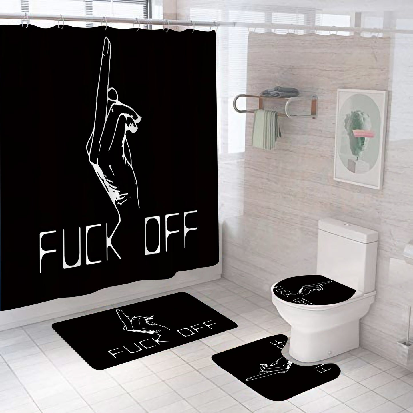 Fuck Off Finger Shower Curtain Set - 4 Pcs
