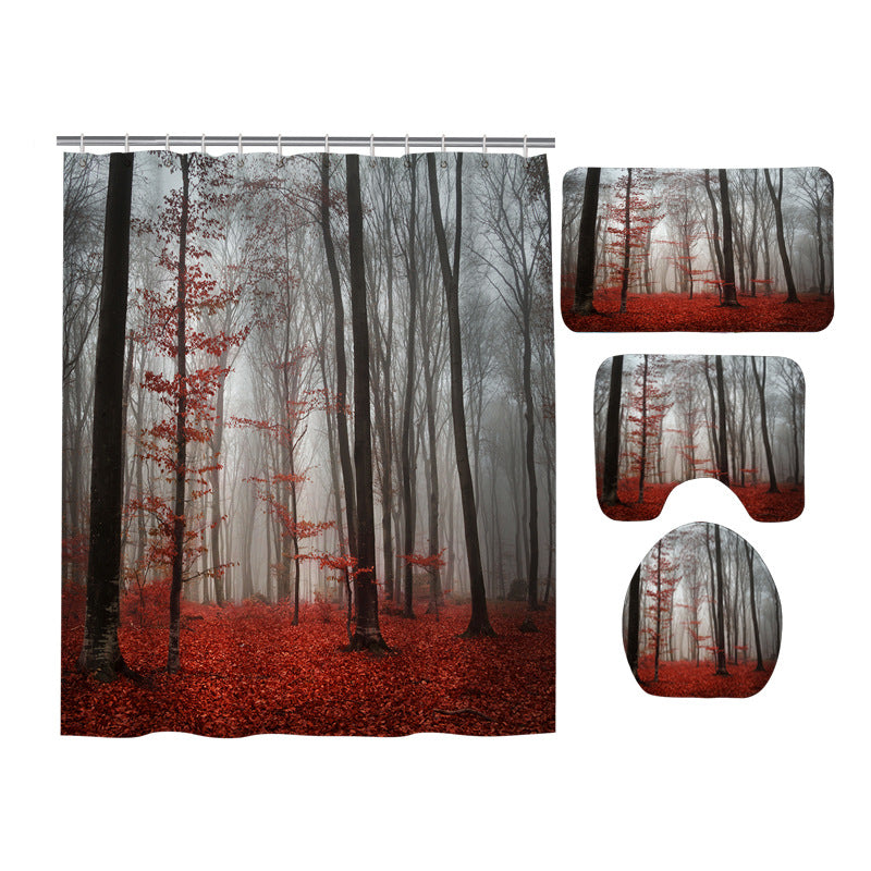 Autumn Red Woodlands Forest Shower Curtain Set - 4 Pcs
