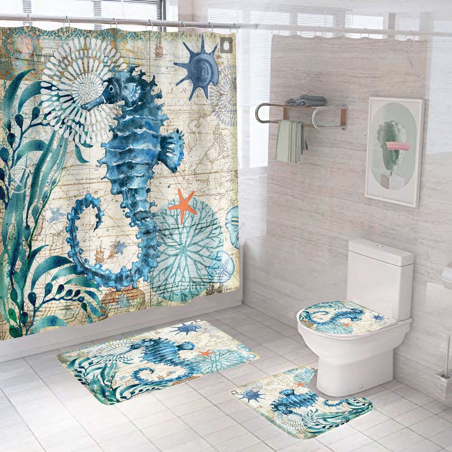 Vintage Green Seahorse Shower Curtain Set - 4 Pcs