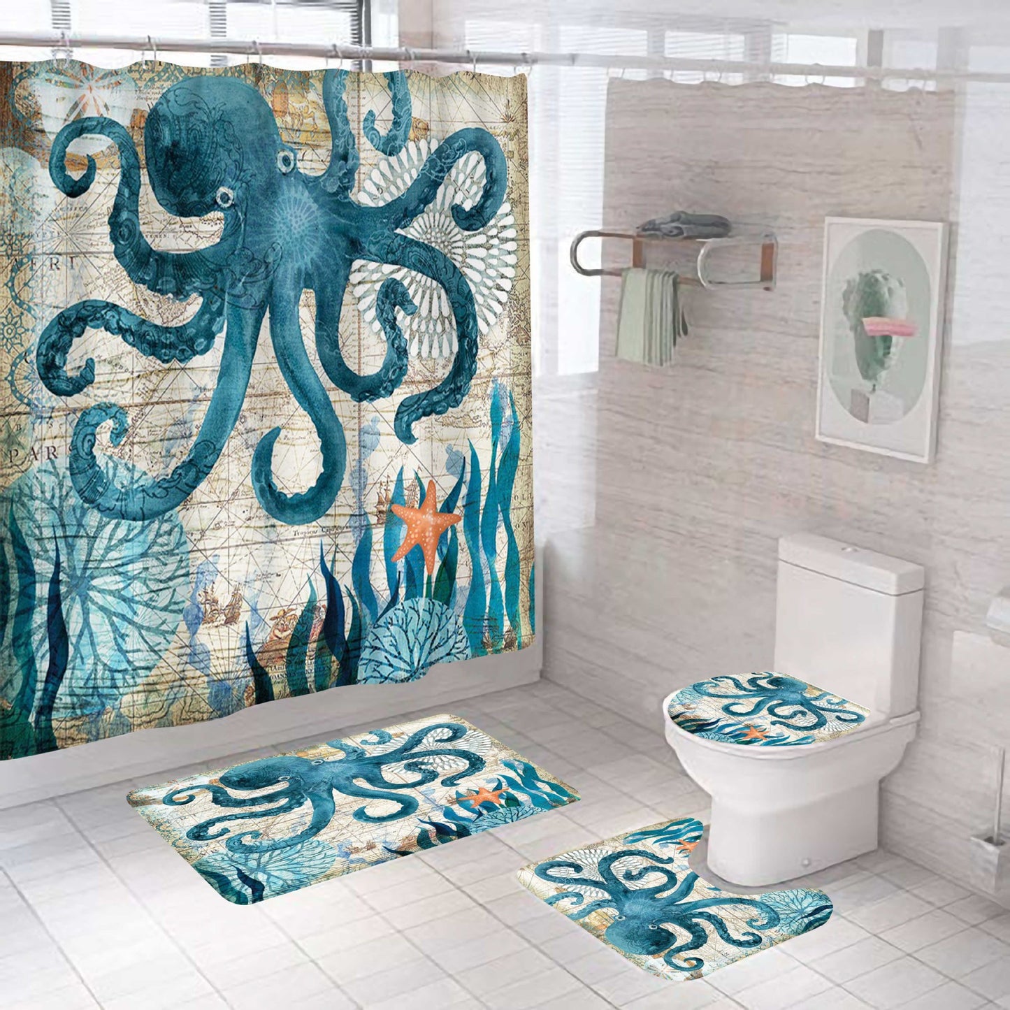 Marine Life Green Octopus Shower Curtain Set - 4 Pcs