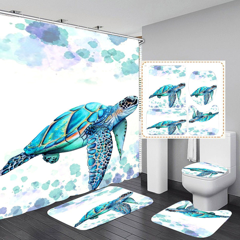 Cyan Green Sea Turtle Shower Curtain Set - 4 Pcs