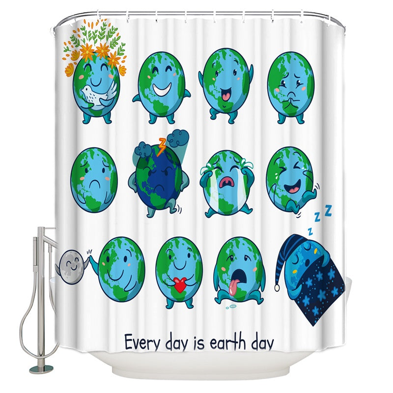 Cute Cartoon Blue Earth Globe with Emotions Shower Curtain