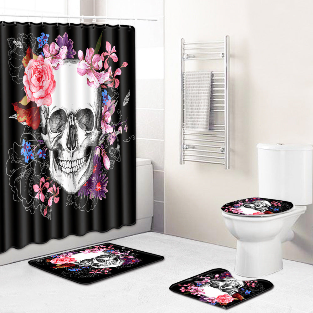 Skeleton Sugar Skull with Floral Shower Curtain Set - 4 Pcs