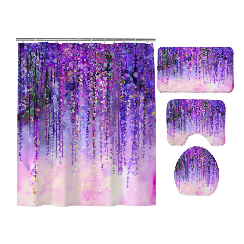 Bokeh Lilac Violet Color Ivy Flower in Blossom Wisteria Shower Curtain Set - 4 Pcs
