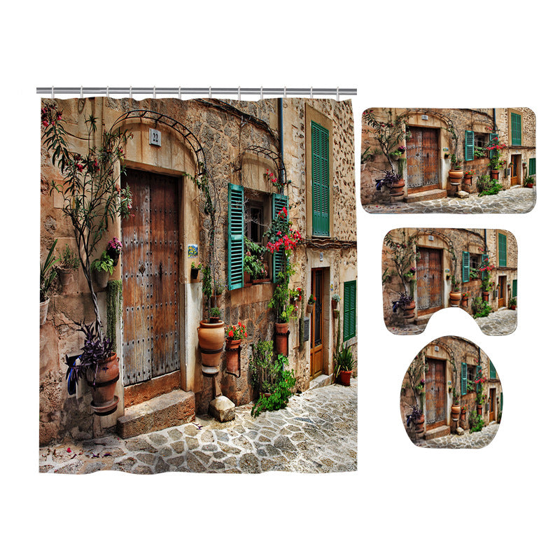 Mediterranean Town Doorway Purple Flowers Charming Street Shower Curtain Set - 4 Pcs