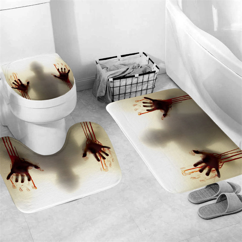 Bloody Hand Man Shadow Scary Crime Scene Shower Curtain Set - 4 Pcs