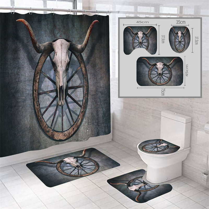 Long Horned Bull Wildebeest Skull Shower Curtain Set - 4 Pcs