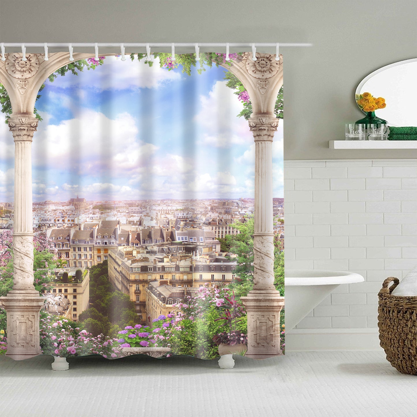 European Verandah Summer Flowers City View Shower Curtain