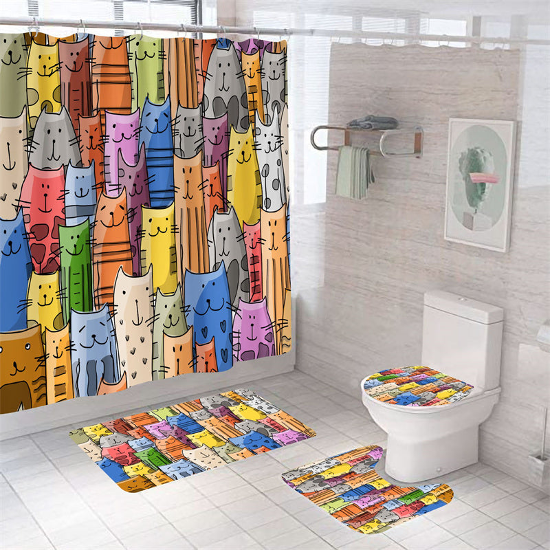 Colorful Cute Cats Shower Curtain Set - 4 Pcs