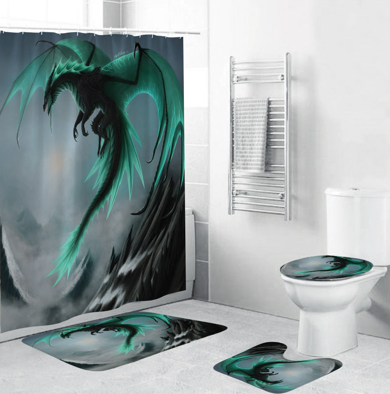 Dream World Amazing Green Dragon Shower Curtain Set - 4 Pcs