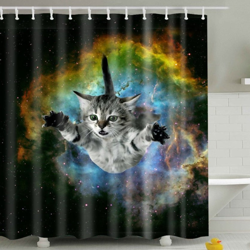 Cool Galaxy DJ Cat Funny Animal Pet Design Mildew Proof Polyester Fabric  Shower Curtain with Rings 66 x 72