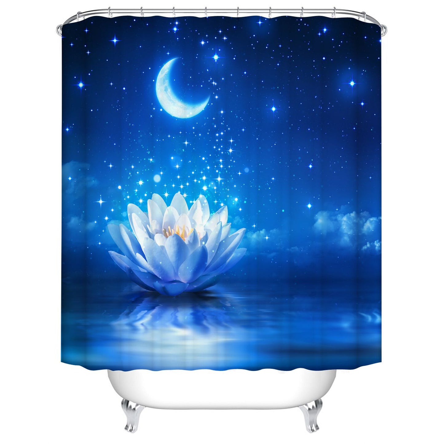 Glowing Flower Water Lily Shower Curtain Blue Moon Night