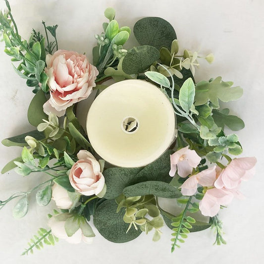 Green with Pink Rose Candle Rings - 4 Packs