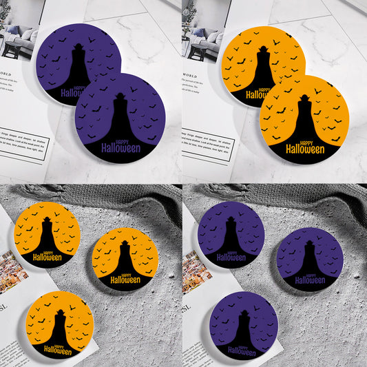 Mixed Color Halloween Witch and Bat Theme Blue Orange Ceramic Coaster Set Holiday Party Gift