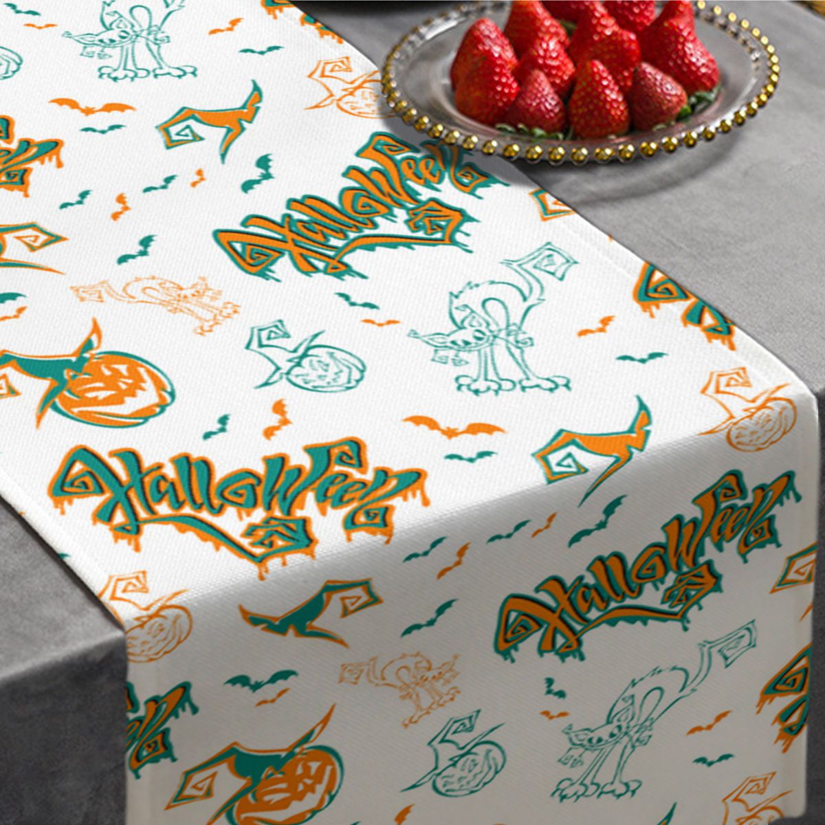 Crayon Cat Pumpkin Halloween Table Runner