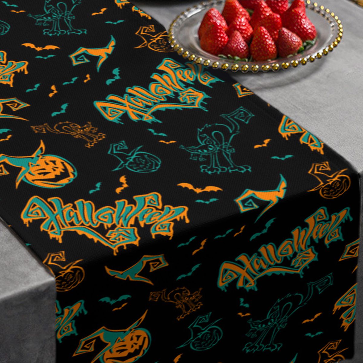 Crayon Cat Pumpkin Halloween Table Runner