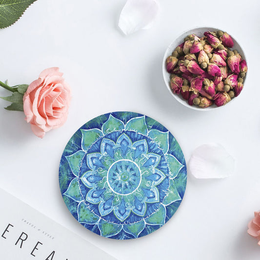 Hippie Boho Blue Mandala Ceramic Stone Coasters Set