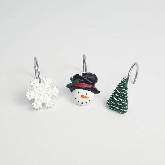 Holiday Snowman Snowflakes Tree Christmas Shower Curtain Rings Hooks