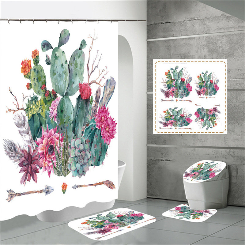 Cute Cacti Fuchsia Pink Watercolor Tropical Succulent Cactus Shower Curtain Set - 4 Pcs