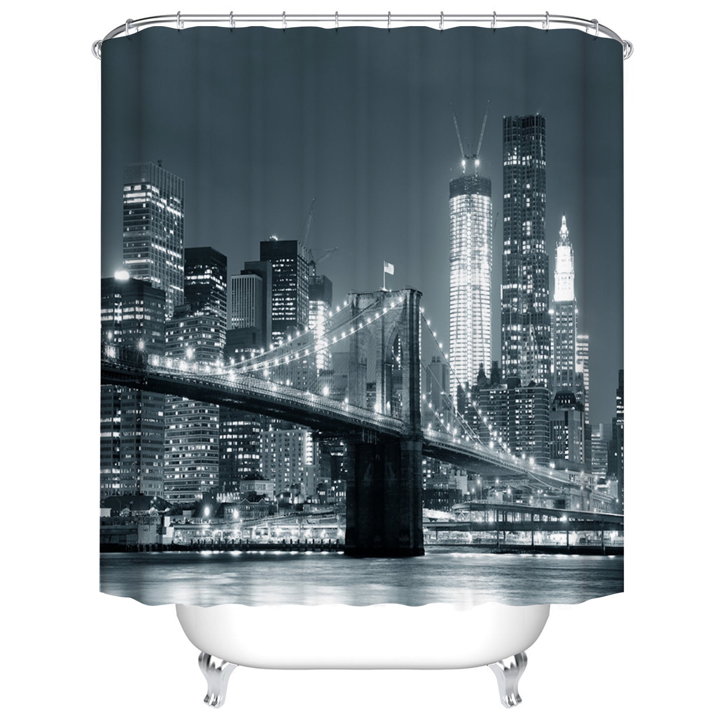 Night View Black White City Skyline Brooklyn Bridge Shower Curtain