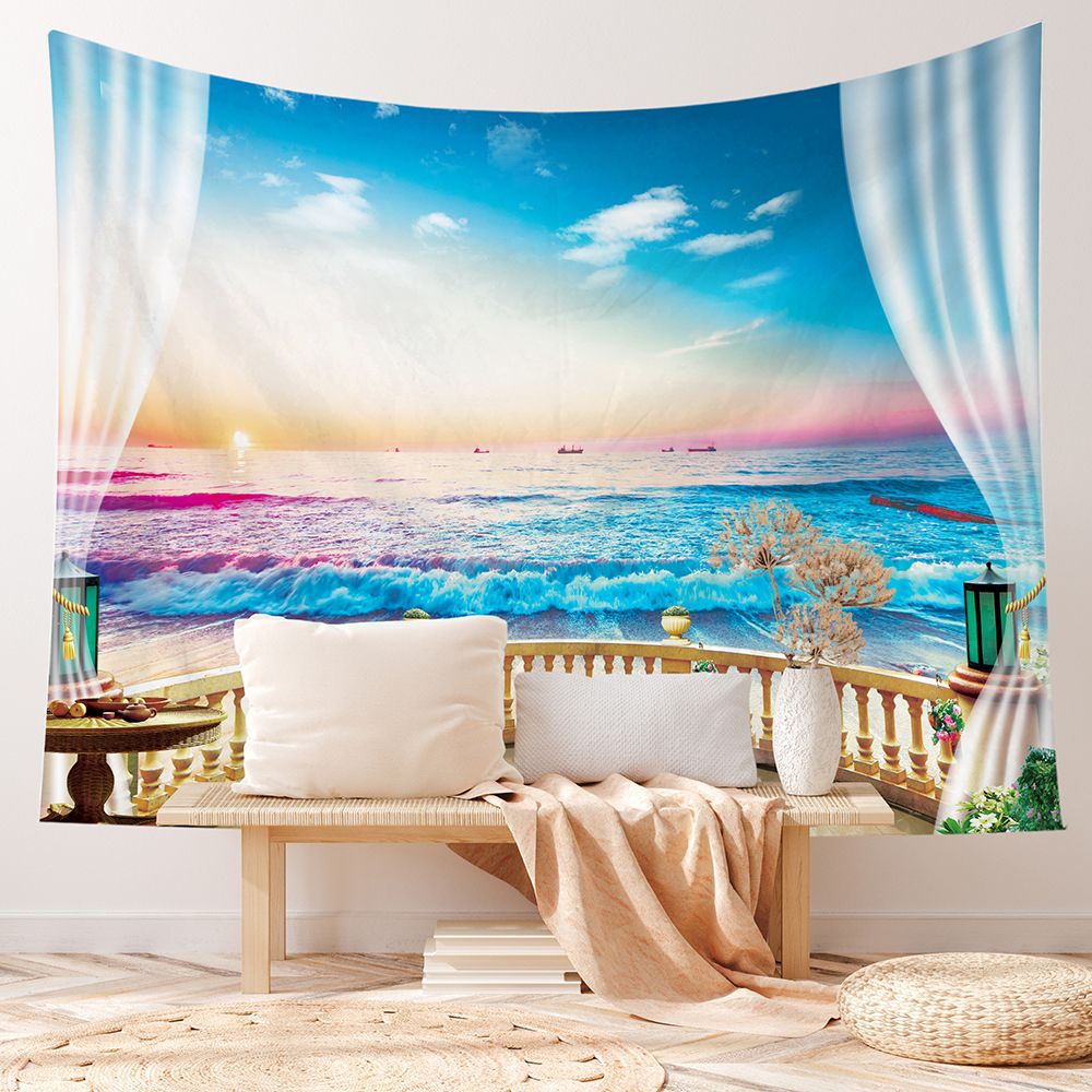 Beach Wave Window View Tapestry Sunset Sky Wall Hangings Summer