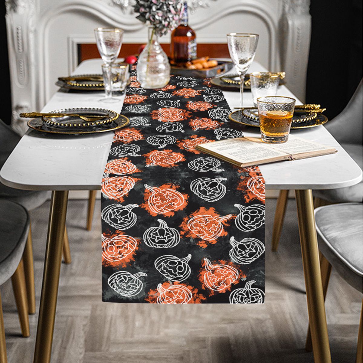 Orange Black Halloween Pumpkin Table Runner