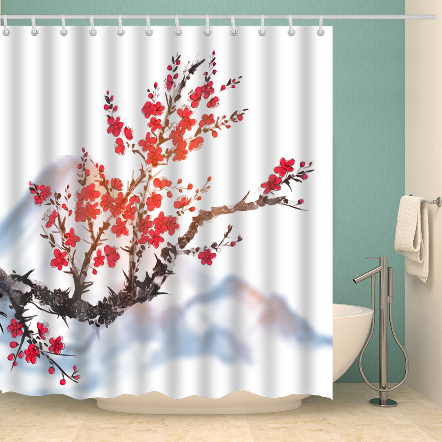 Oriental Painting Art Mountain with Red Plum Bloosoms Shower Curtain