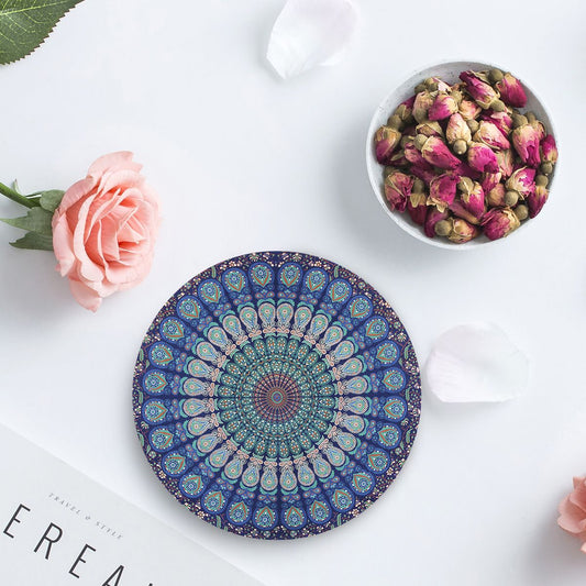 Peacock Feathers Boho Mandala Ceramic Stone Coasters Set