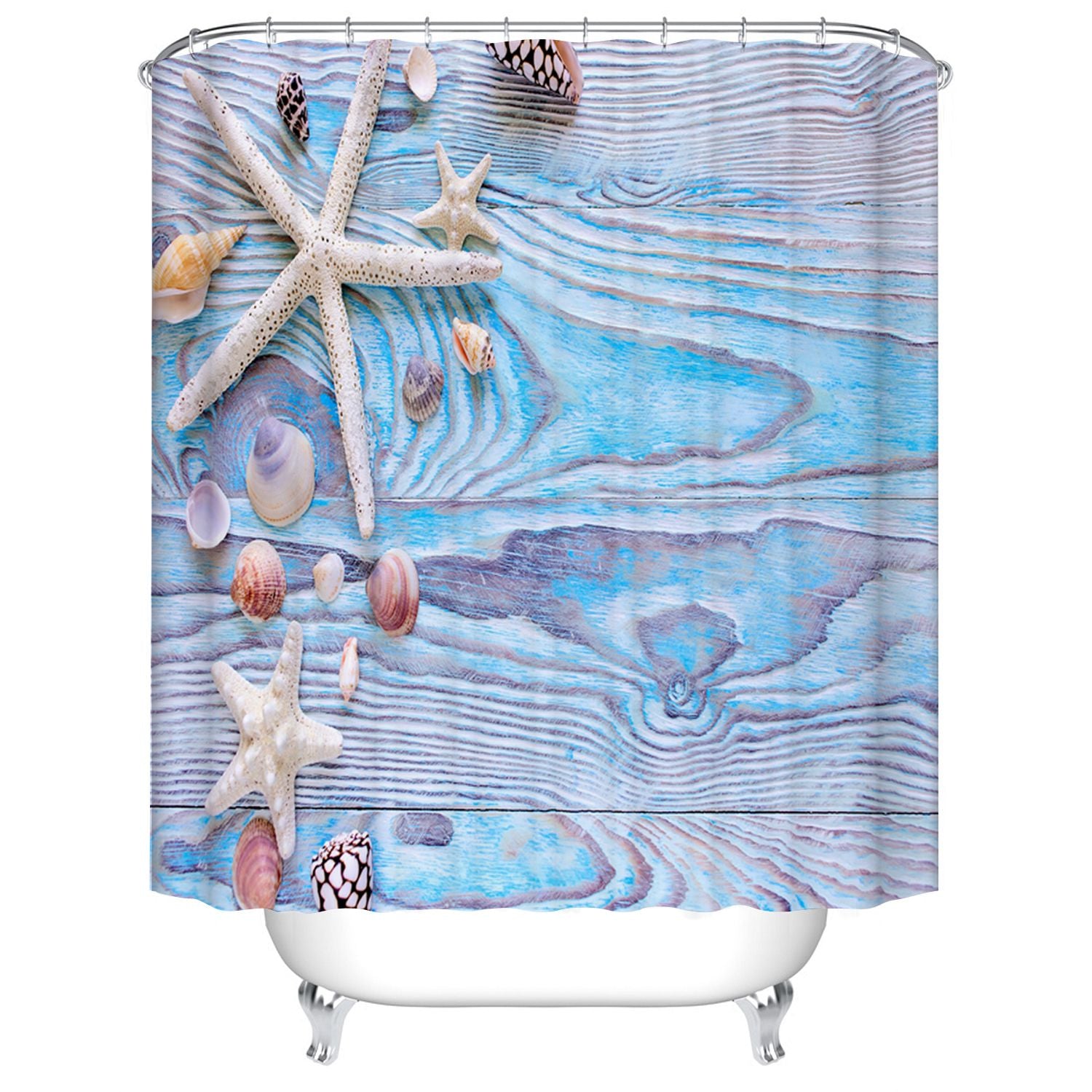 GoJeek Shells Starfish Rideau de douche, imprimé en bois bleu, décor de  salle de bain mer d'été, 72x72 pouces