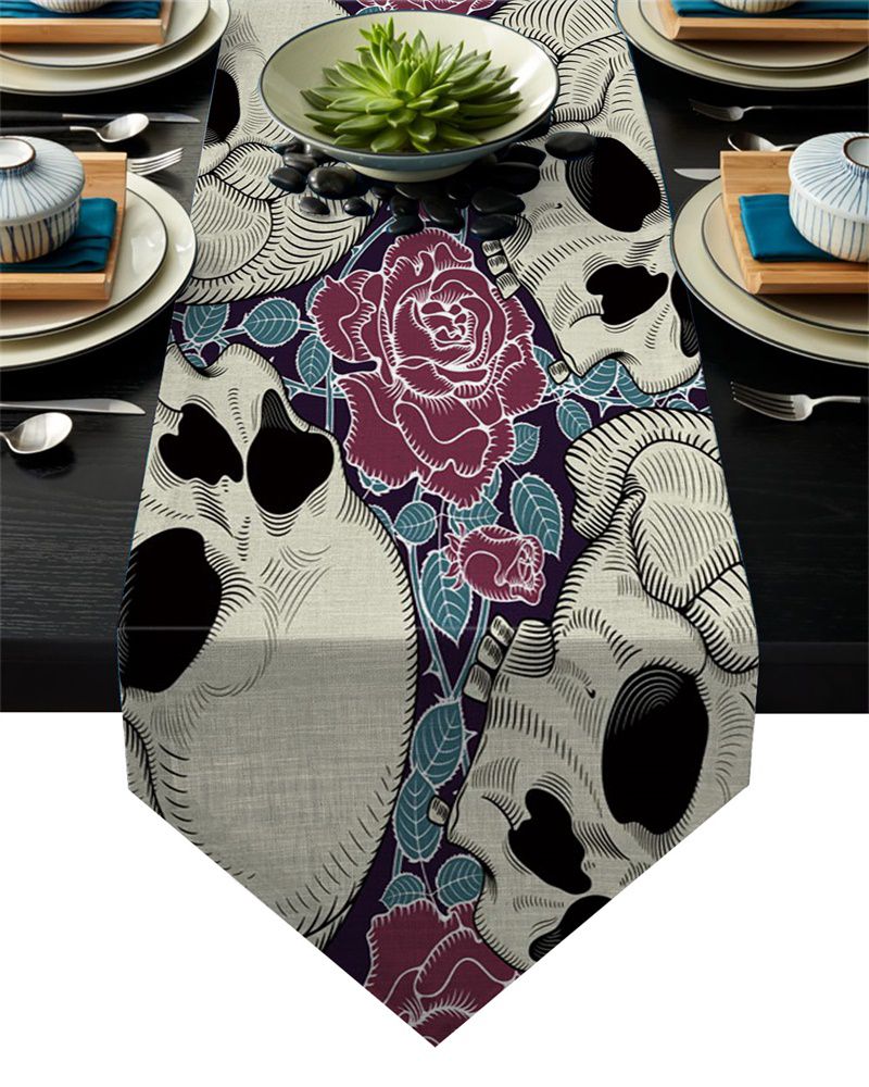 Skull Head with Roses Skeleton Table Runner