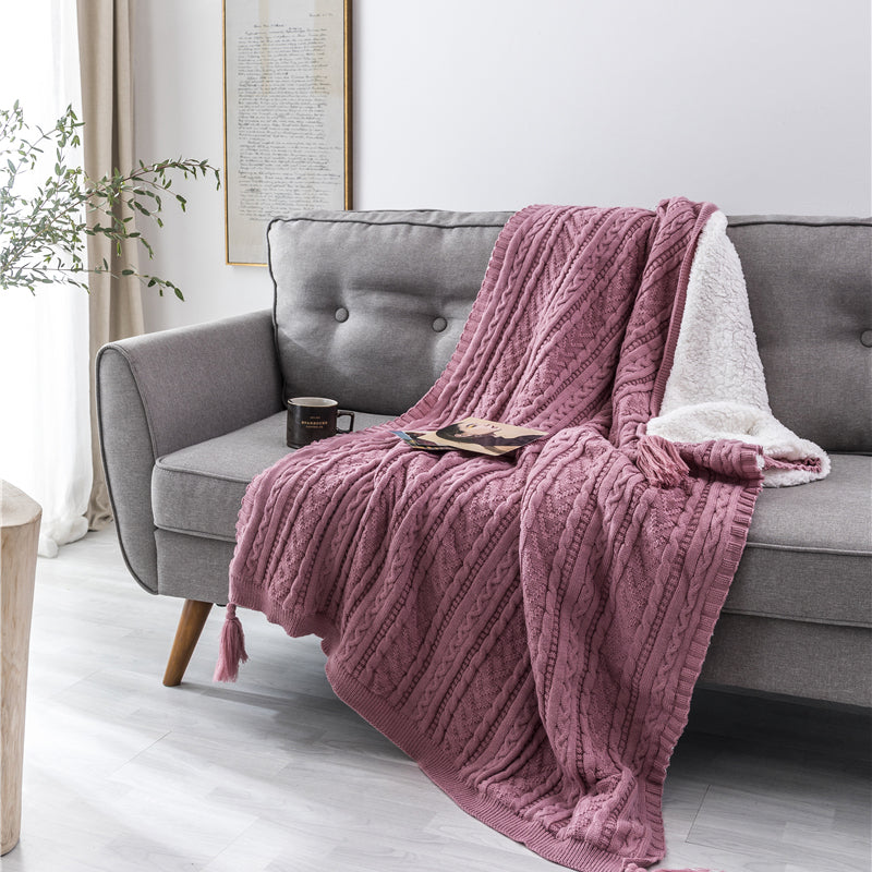 Solid Color Cable Knit Double Layer Sherpa Couch Throw Blanket