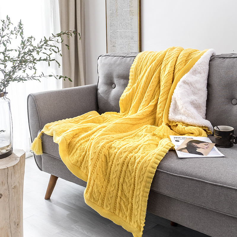 Solid Color Cable Knit Double Layer Sherpa Couch Throw Blanket