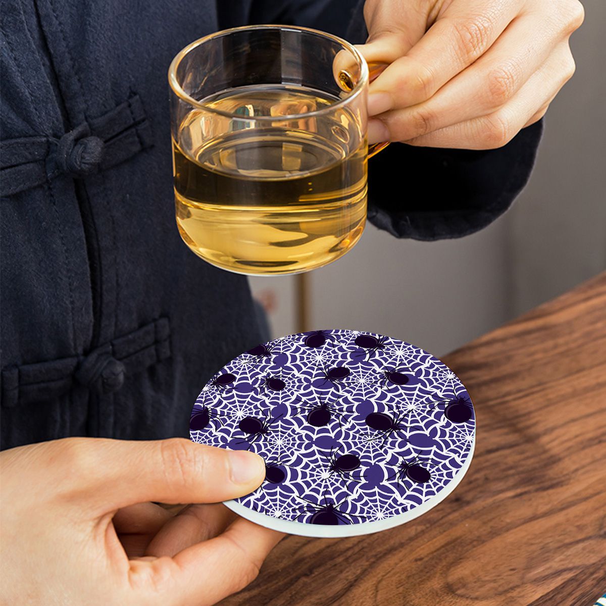 Spider Coasters Blue White Spiderweb Halloween Holiday Drink Ceramic Stone Coasters Set